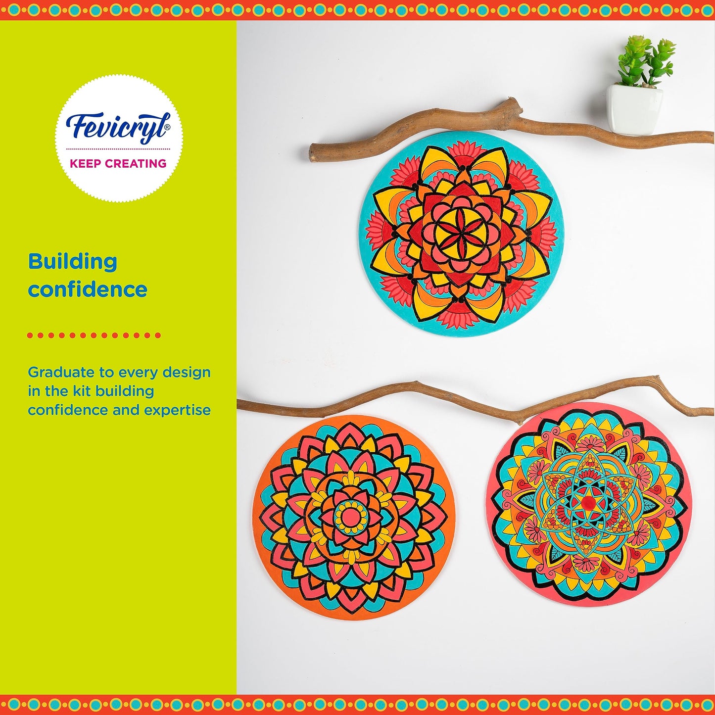 Pidilite Fevicryl Mandala Art Kit, Includes Pre-Printed Circular Wooden MDF Board, Acrylic Paints, Brushes, Art & Craft for Artists, Students, Children, Gift for hobbyists