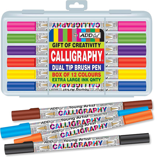ADD Gel Calligraphy Colouring Pen-Twin Tip Brush 12 Pen Set - Multicolor