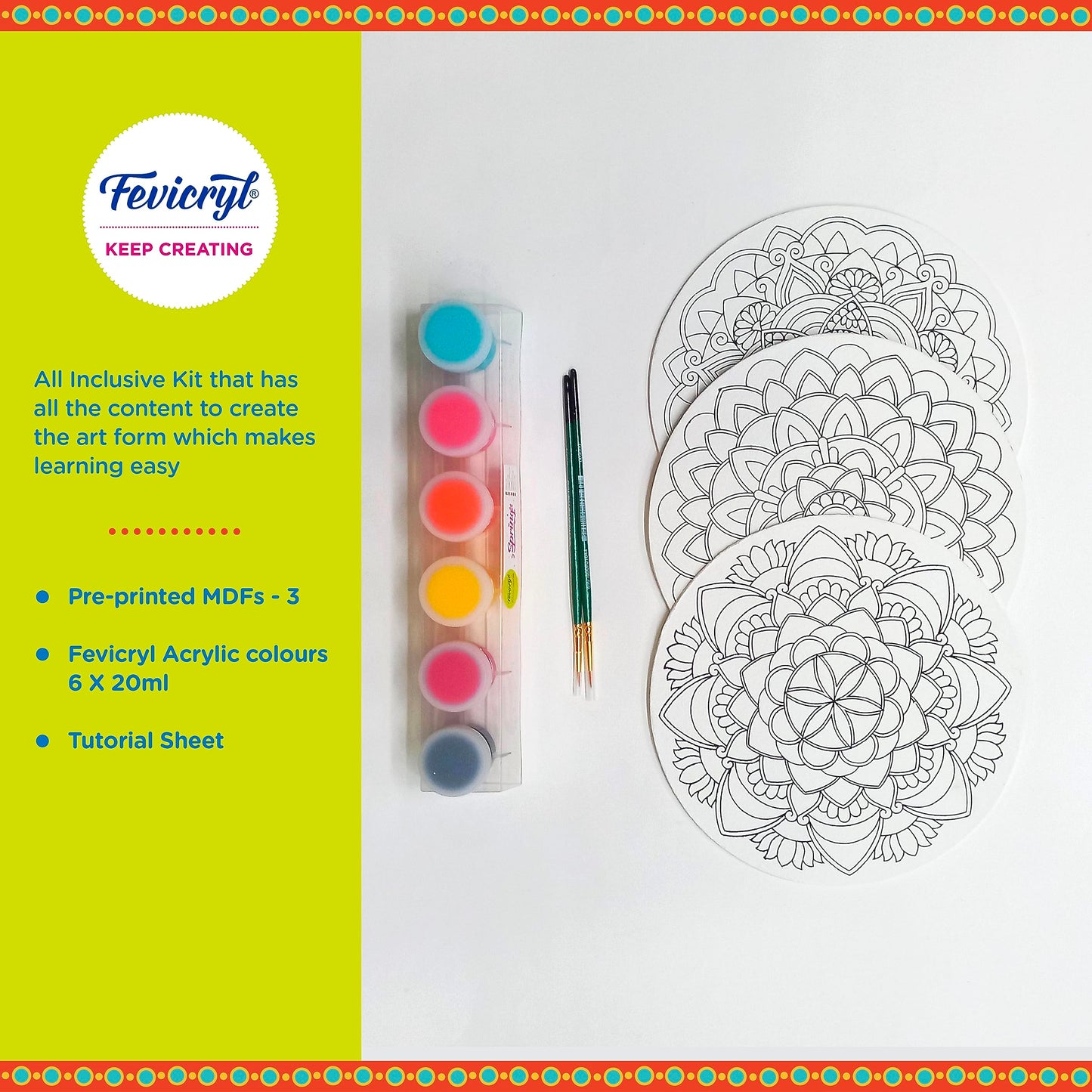 Pidilite Fevicryl Mandala Art Kit, Includes Pre-Printed Circular Wooden MDF Board, Acrylic Paints, Brushes, Art & Craft for Artists, Students, Children, Gift for hobbyists