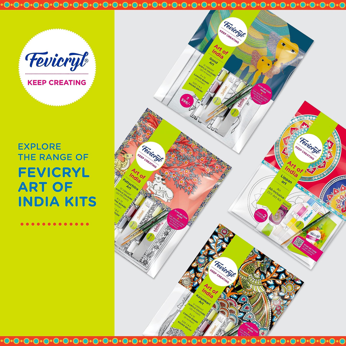 Pidilite Fevicryl Mandala Art Kit, Includes Pre-Printed Circular Wooden MDF Board, Acrylic Paints, Brushes, Art & Craft for Artists, Students, Children, Gift for hobbyists