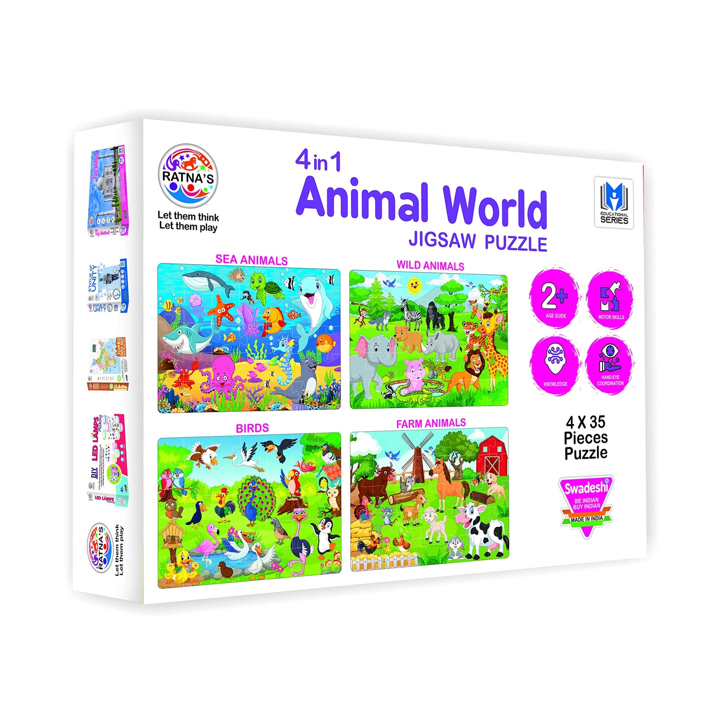 Ratna's 4 In 1 Animal World Jigsaw Puzzle Set-35 Pieces Each,Multicolor (Wild Animals,Farm Animals,Sea Animals,&Birds)|Educational Toy For Kids|Cognitive Development|Hand-Eye Coordination