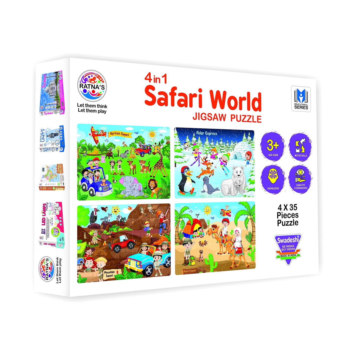 Ratna's 4 in 1 Safari World Jigsaw Puzzle for Kids. 4 Puzzles with 35 Pieces Each (African Safari, Polar Express, Mountain Safari & Desert Safari)