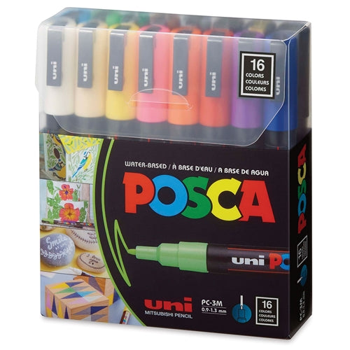 Uniball Posca 3M 0.9-1.3 mm Bullet Shaped Paint Marker Pen | Reversible & Washable Tips | For Rocks Painting, Fabric, Wood, Canvas, Ceramic, Scrapbooking, DIY Crafts | 16 Shades, Pack of 16