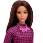 Barbie Fashionistas Doll #188, Curvy, Black Hair, Pink & Black Checkered Dress, Love Necklace, Pink Sneakers, Toy for Kids Ages 3 and Up