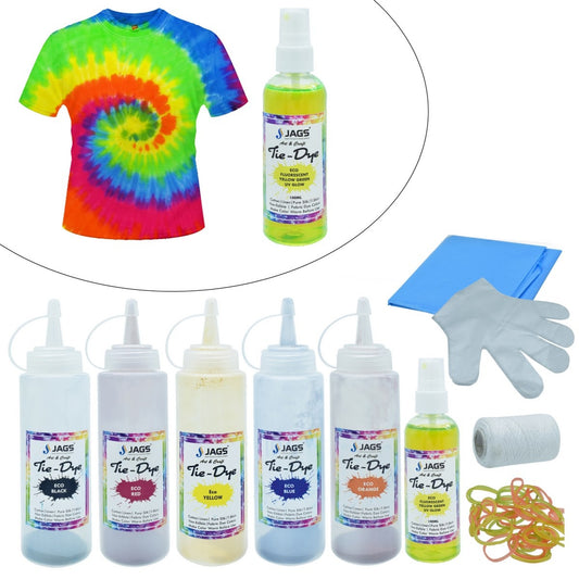 Jags Tie And Dye Kit (Pack Of 5 Colors) 1 Eco Fluorescent Yellow Green UV Glow 100 Ml - 1 T-Shirt & 2 Mask Free
