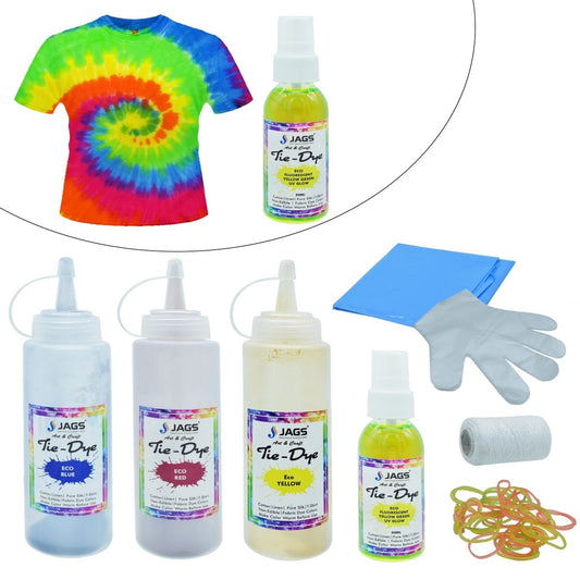 Jags Tie & Dye Kit (Pack of 3 Colors) 1 Eco Fluorescent Yellow Green UV Glow - 50 ml - 2 Mask and 1 T shirt Free