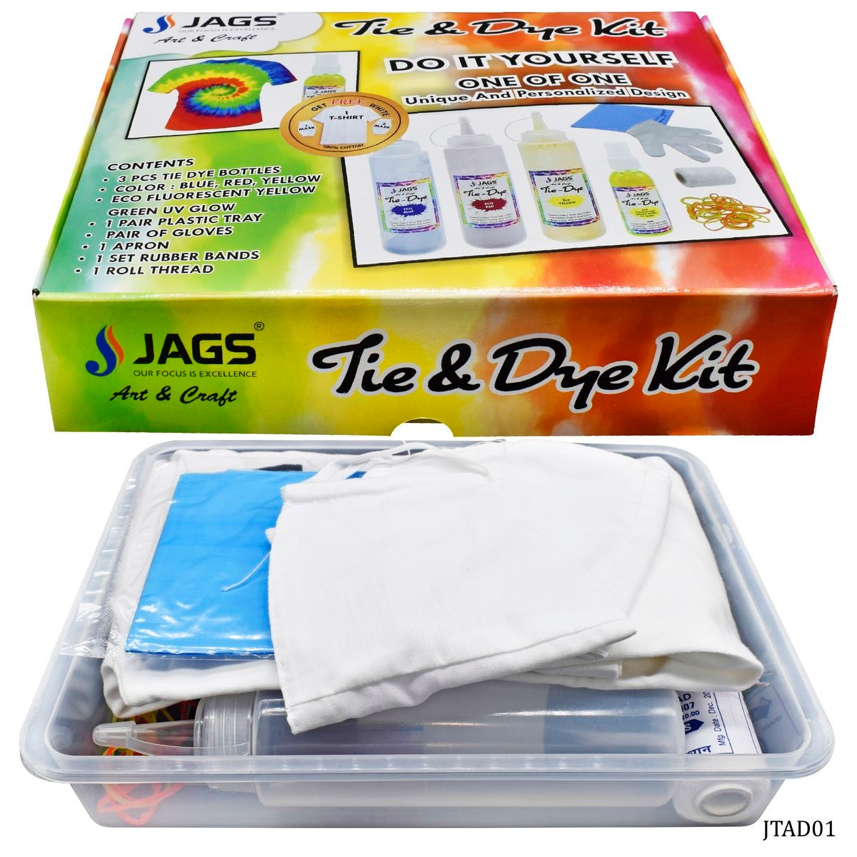 Jags Tie & Dye Kit (Pack of 3 Colors) 1 Eco Fluorescent Yellow Green UV Glow - 50 ml - 2 Mask and 1 T shirt Free