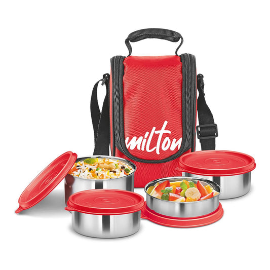 Milton Tasty 4 Stainless Steel Lunch Box with 4 Containers, (1 - 200 ml, 2 - 320 ml Each, 1 - 500 ml), Red | Leak proof | Easy to carry | Stainless Steel | Odour Proof | Food Grade | Light Weight | Easy to Clean