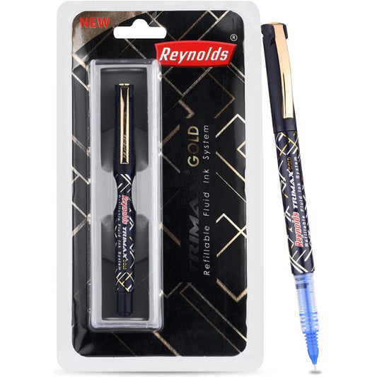 Reynolds Trimax Gold 1 Pc's Blue Ink | Roller Ball Point Pen | Pen for Gift | Lightweight Roller Pen With Comfortable Grip for Extra Smooth Writing | School and Office Stationery | 0.5mm Tip Size