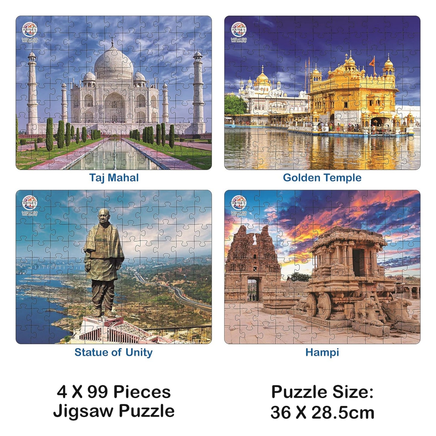 Ratna's 4 in 1 Wonders of India Jumbo Jigsaw Puzzle (4 x 99 Pieces) Size 36 x 28.5 cm for Each Puzzle Educational Toy for Kids 5+ Years