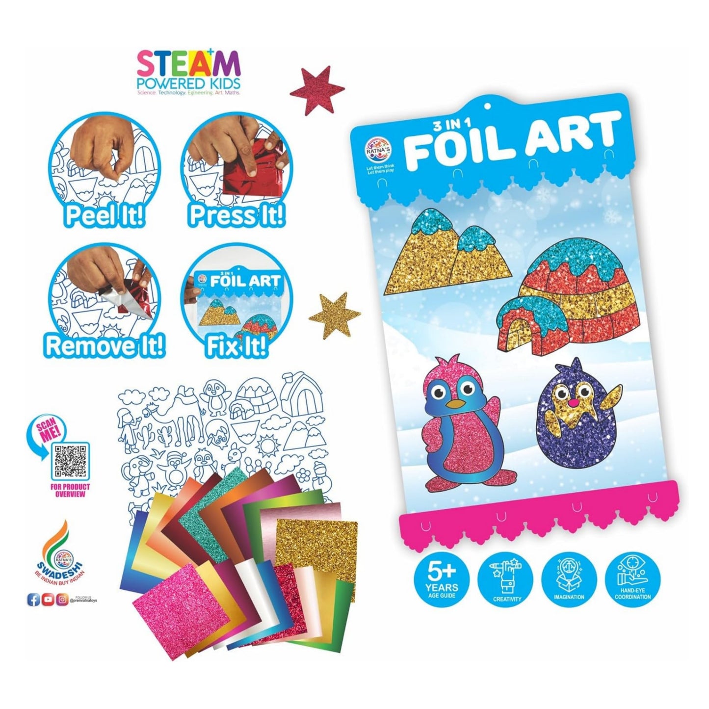 Ratna's 3 in 1 Foil Art DIY Creative Activity Kit, STEAM Powered Art & Craft Activity - Foil Fun Craft Kits & Supplies for Boys & Girls 5+ Years