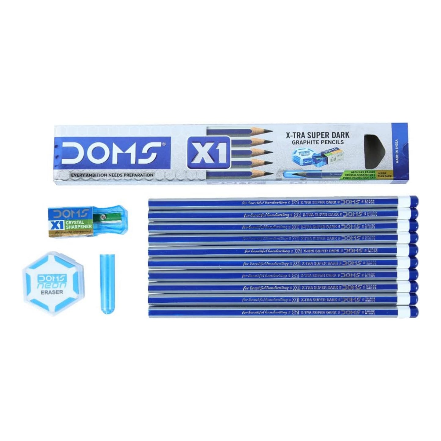 Doms X1 Xtra Super Dark Pencils Box Pack | Hexagonal Shape For Easy Holding & Comfort | Free Eraser, Scale & Pencil Cap Inside | Dark & Neat Handwriting | Pack of 10 Pencils