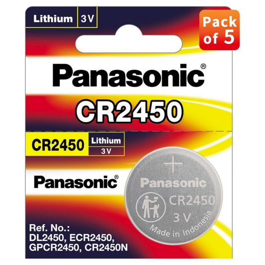 Panasonic CR-2450 Lithium Coin Battery 3v - Pack of 5 Provide Long Lasting Power in a Variety of Devices,from keyless-Entry fobs to Toys
