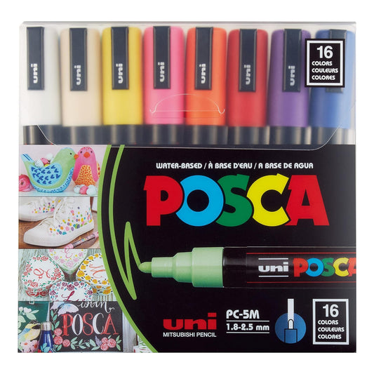 Uniball Posca 5M 1.8-2.5 mm Bullet Shaped Paint Marker Pen | Reversible & Washable Tips | For Rocks Painting, Fabric, Wood, Canvas, Ceramic, Scrapbooking, DIY Crafts | 16 Shades, Pack of 16