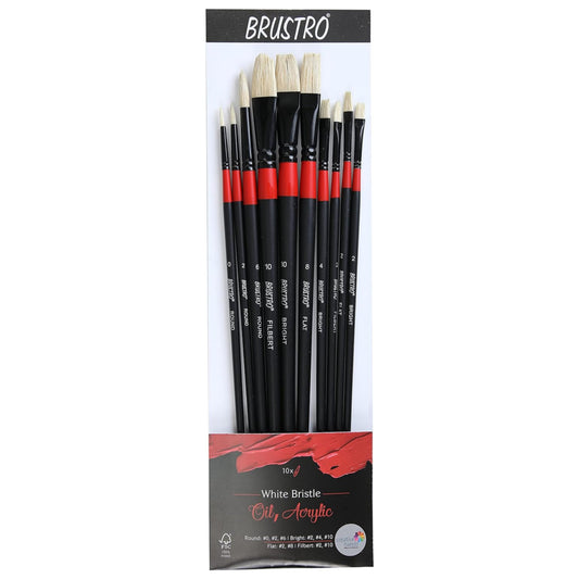 Brustro Artists ’ White Bristle Set of 10 Brushes for Oil and Acrylic.