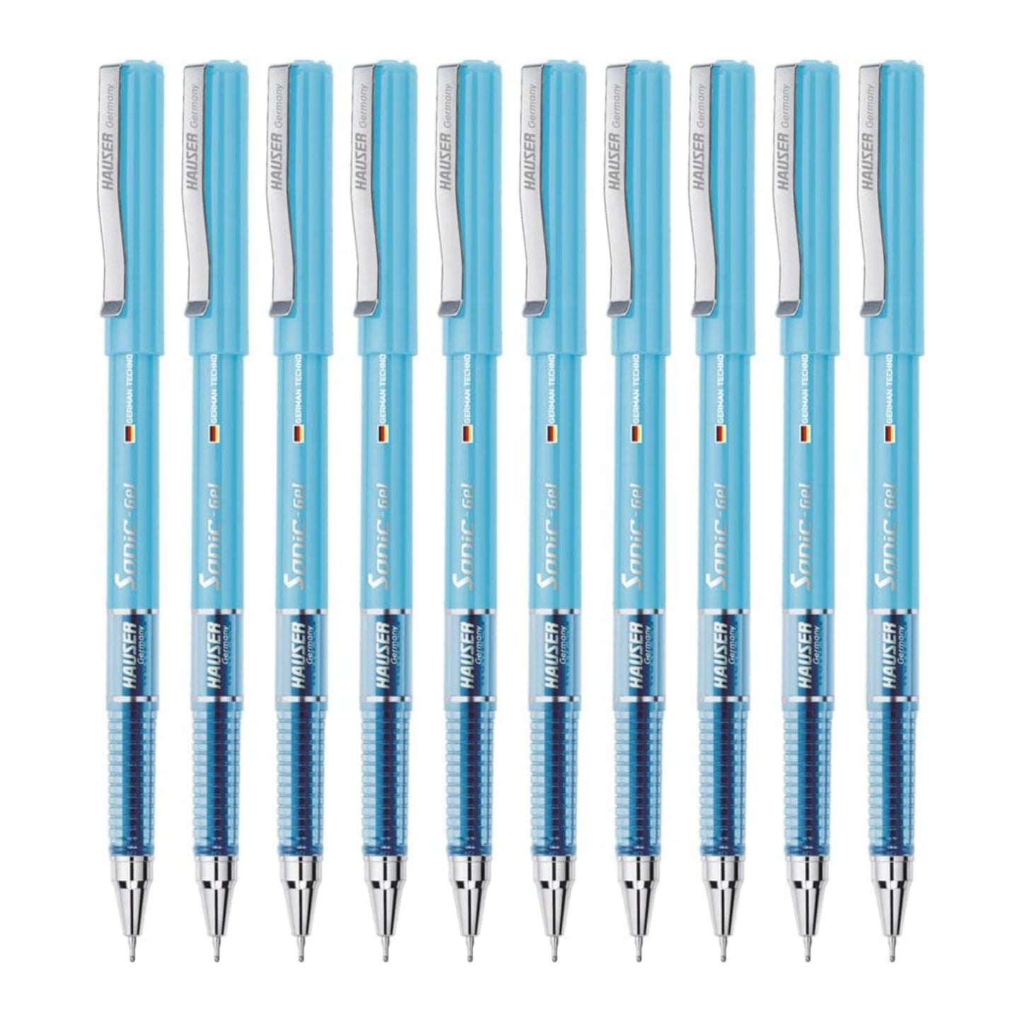 Hauser Sonic 0.55mm Gel Pen Box Pack | Attractive Foiled Body | Stylish Metal Clip | Refillable & Waterproof Gel Ink | German Technology For Smooth & Effortless Writing | Blue Ink Set of 10 Gel Pens