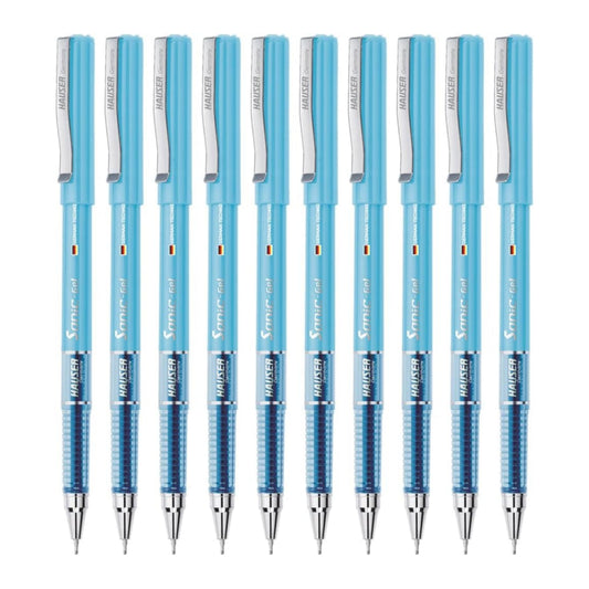 Hauser Sonic 0.55mm Gel Pen Box Pack | Attractive Foiled Body | Stylish Metal Clip | Refillable & Waterproof Gel Ink | German Technology For Smooth & Effortless Writing | Blue Ink Set of 10 Gel Pens