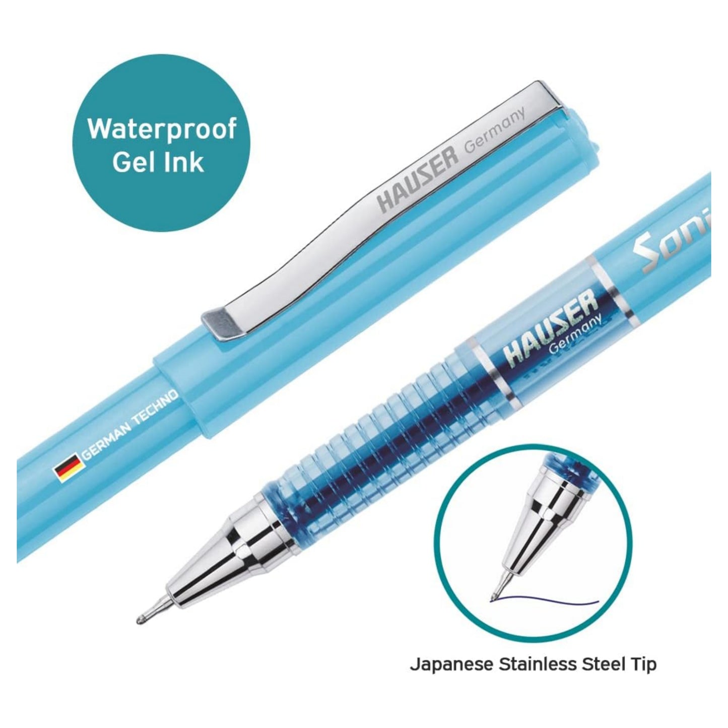 Hauser Sonic 0.55mm Gel Pen Box Pack | Attractive Foiled Body | Stylish Metal Clip | Refillable & Waterproof Gel Ink | German Technology For Smooth & Effortless Writing | Blue Ink Set of 10 Gel Pens