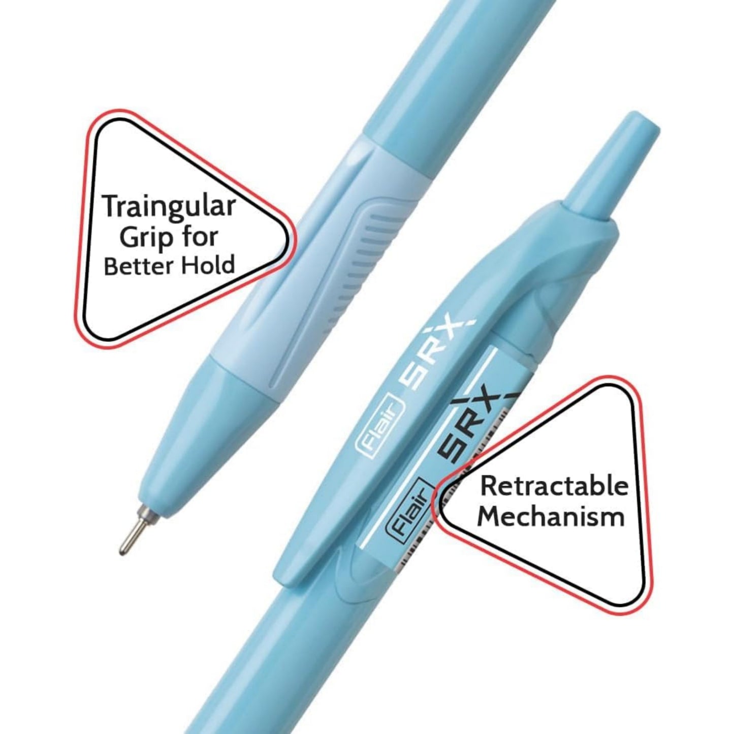Flair Srx 0.7mm Retractable Ball Pen Box Pack | Triangular Body Design For Better Grip | Light Weight Refillable | Smooth Writing Experience | Vibrant Solid Body Colours | Black Ink Pack of 10 Pcs