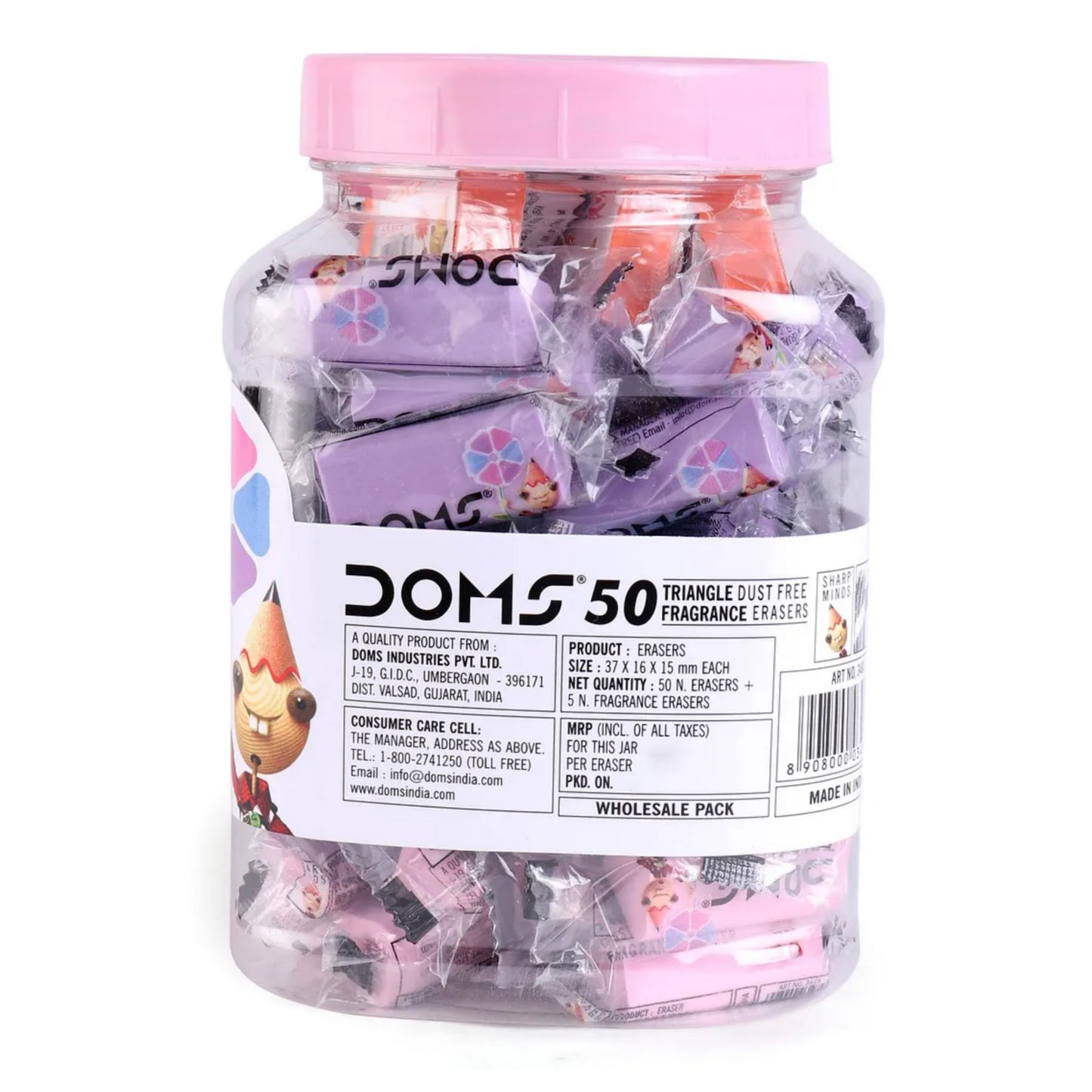 Doms Triangular Dust Free Fragrance Eraser Jar Pack | Clean, Dust Free & Good Erasing | Lesser Flakes & Non-Messy Erasing | Always Catches People's Eye | Pack of 50 Pieces