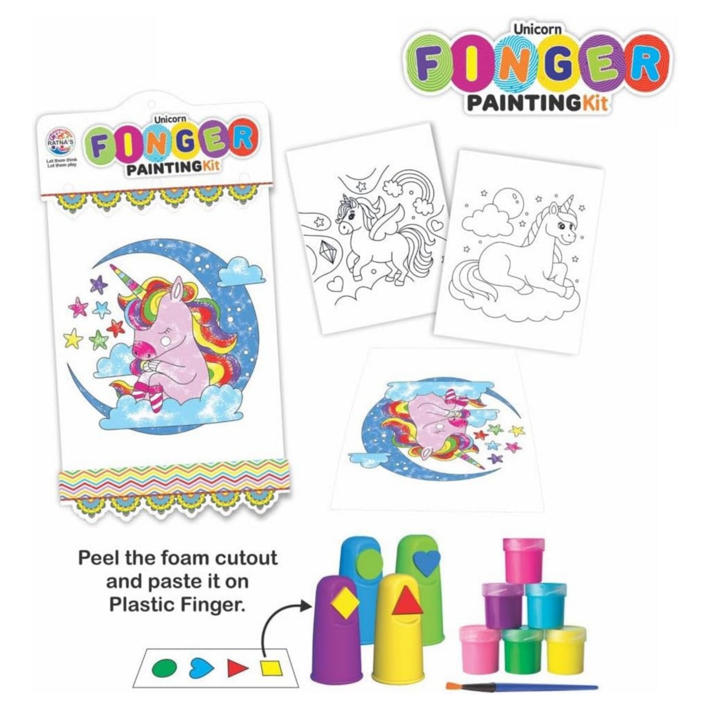 Ratna's Unicorn Finger Painting Kit Non Toxic Colours With Plastic Fingers & Printed Sheets for Mess Free Exprience for Kids and Toddlers