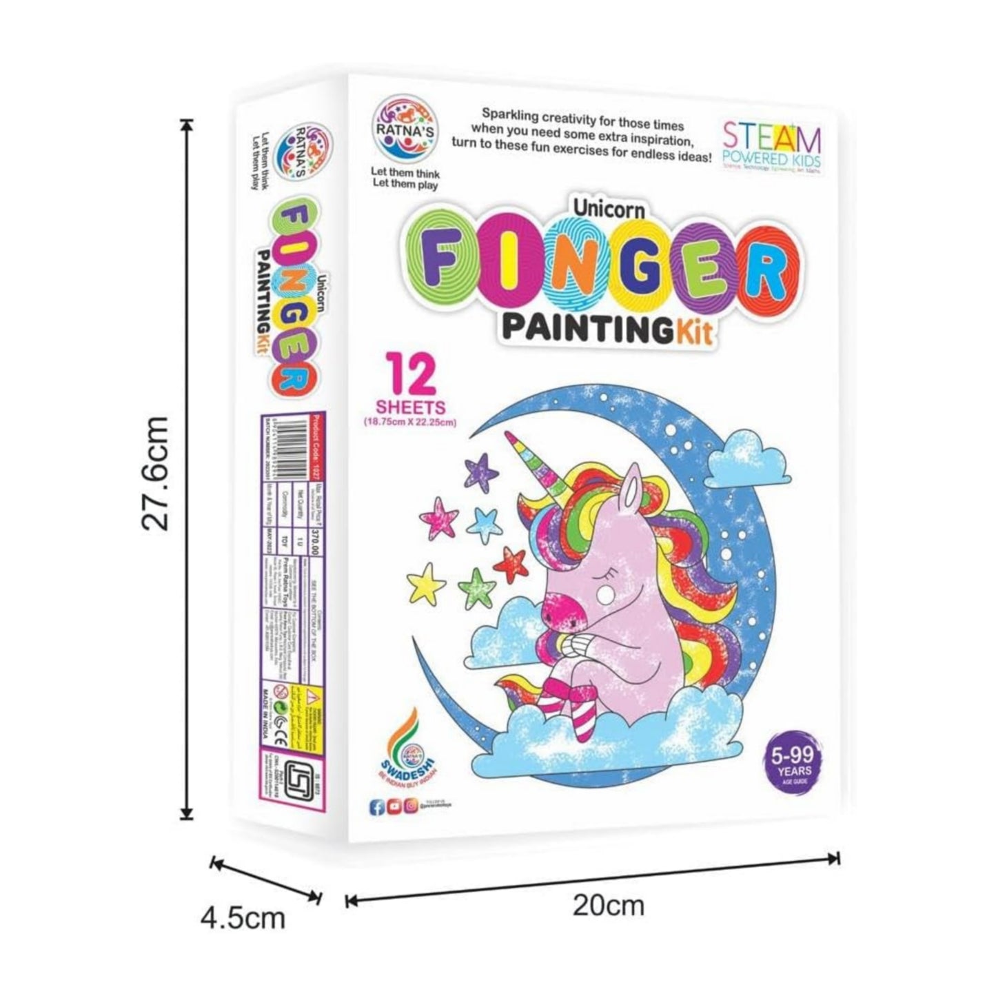 Ratna's Unicorn Finger Painting Kit Non Toxic Colours With Plastic Fingers & Printed Sheets for Mess Free Exprience for Kids and Toddlers