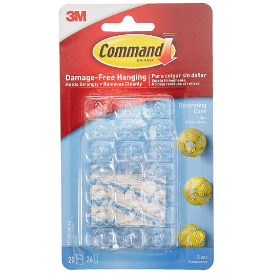 3M Command Plastic Clear Decorating & Organizing Wall Hooks, Holds Strongly, Reusable, Adhesive Hooks For Wall, Multi-Surface Damage Free Hooks For Hanging Transparent, 20 Clips, 24 Strips