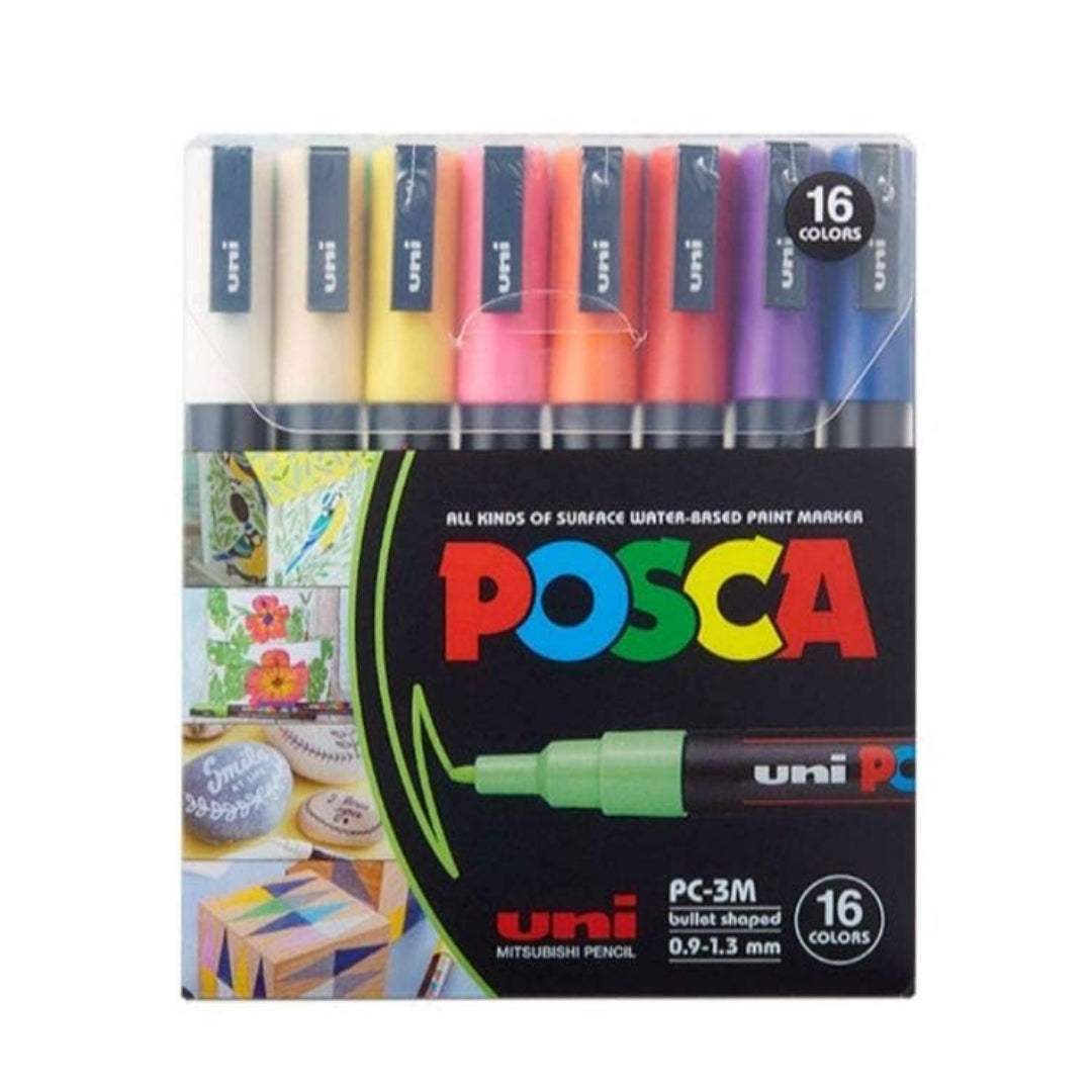 Uniball Posca 3M 0.9-1.3 mm Bullet Shaped Paint Marker Pen | Reversible & Washable Tips | For Rocks Painting, Fabric, Wood, Canvas, Ceramic, Scrapbooking, DIY Crafts | 16 Shades, Pack of 16