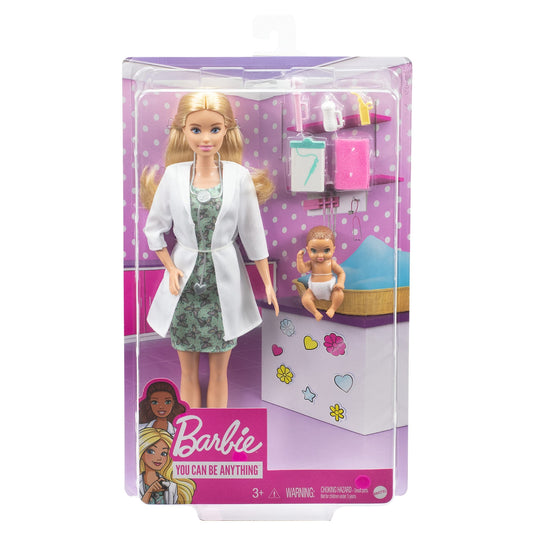 Barbie® Baby Doctor Playset with Blonde Doll (12-in/30.40-cm), Infant Doll, Stethoscope, Thermometer, Oscilloscope, Chart, Blanket & Baby Bottle