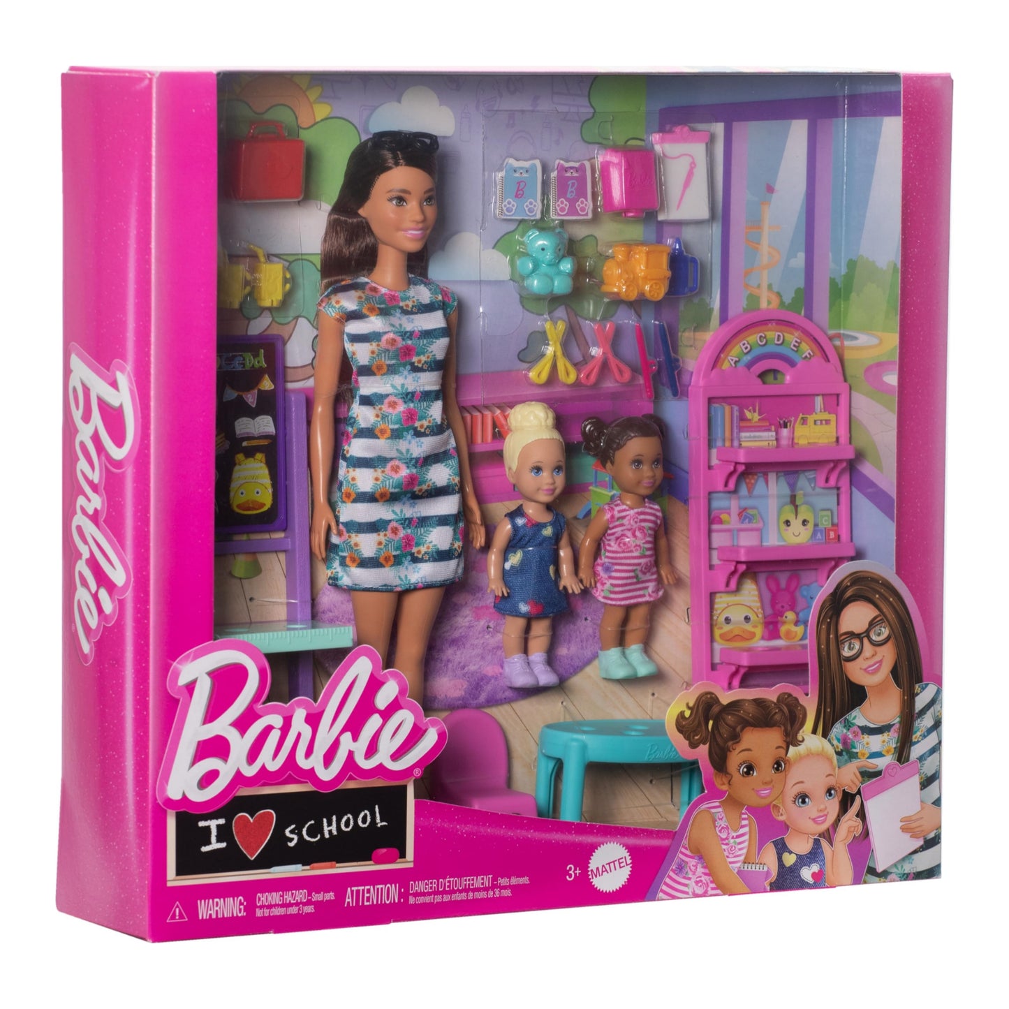 Barbie I Love School Dolls & Accessories, Classroom Playset with Fashion Doll, 2 Small Dolls & 20+ Pieces Including Furniture & Flipping Chalkboard