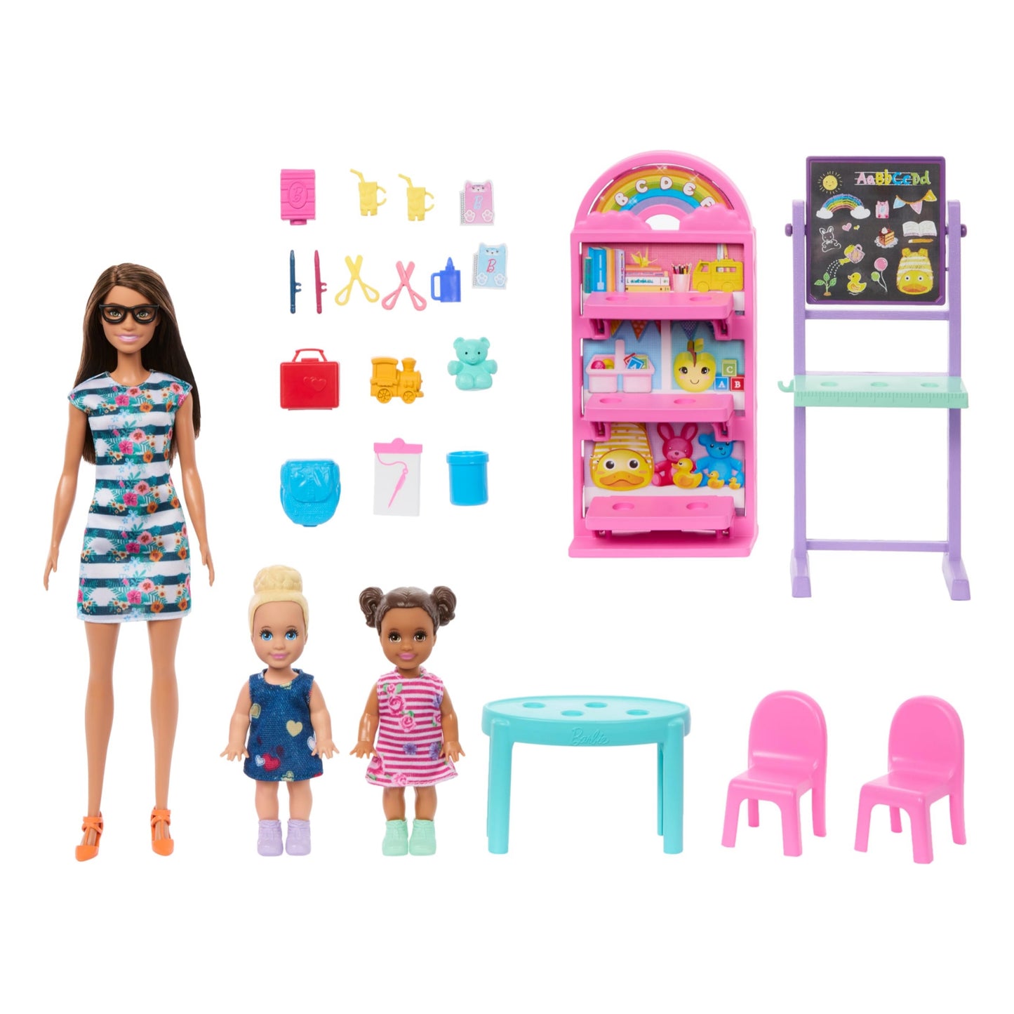 Barbie I Love School Dolls & Accessories, Classroom Playset with Fashion Doll, 2 Small Dolls & 20+ Pieces Including Furniture & Flipping Chalkboard
