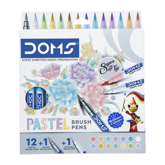 Doms Super Soft Tip Pastel Shades Brush Pen Set | 12 Pastel Shades + 1 Silver Shade + 1 Blender | Ideal for Doodling, Illustrations, Calligraphy, Artists, Studenst & Professioanls