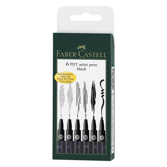 Faber-Castell Fine Pitt Artist Pen Set Of 6 Pitt Pens Black (XS,S,F,M,B,C)