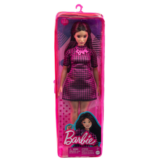 Barbie Fashionistas Doll #188, Curvy, Black Hair, Pink & Black Checkered Dress, Love Necklace, Pink Sneakers, Toy for Kids Ages 3 and Up
