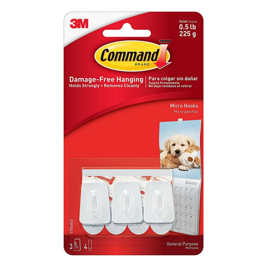 3M Command Micro Hooks with Command Adhesive White Strips - 3 Hooks