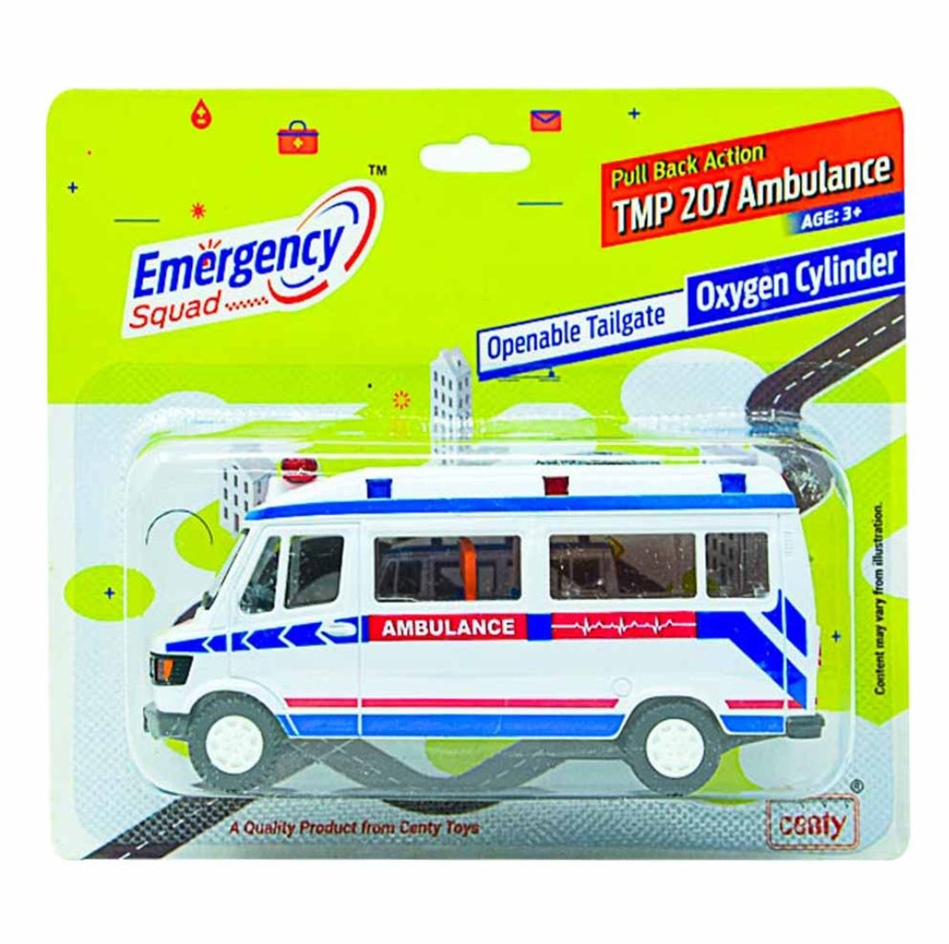 Centy Toys Ambulance White with Openable Tail gate Detachable Stretcher Saline Stand Oxygen Cylinder Pull Back Action