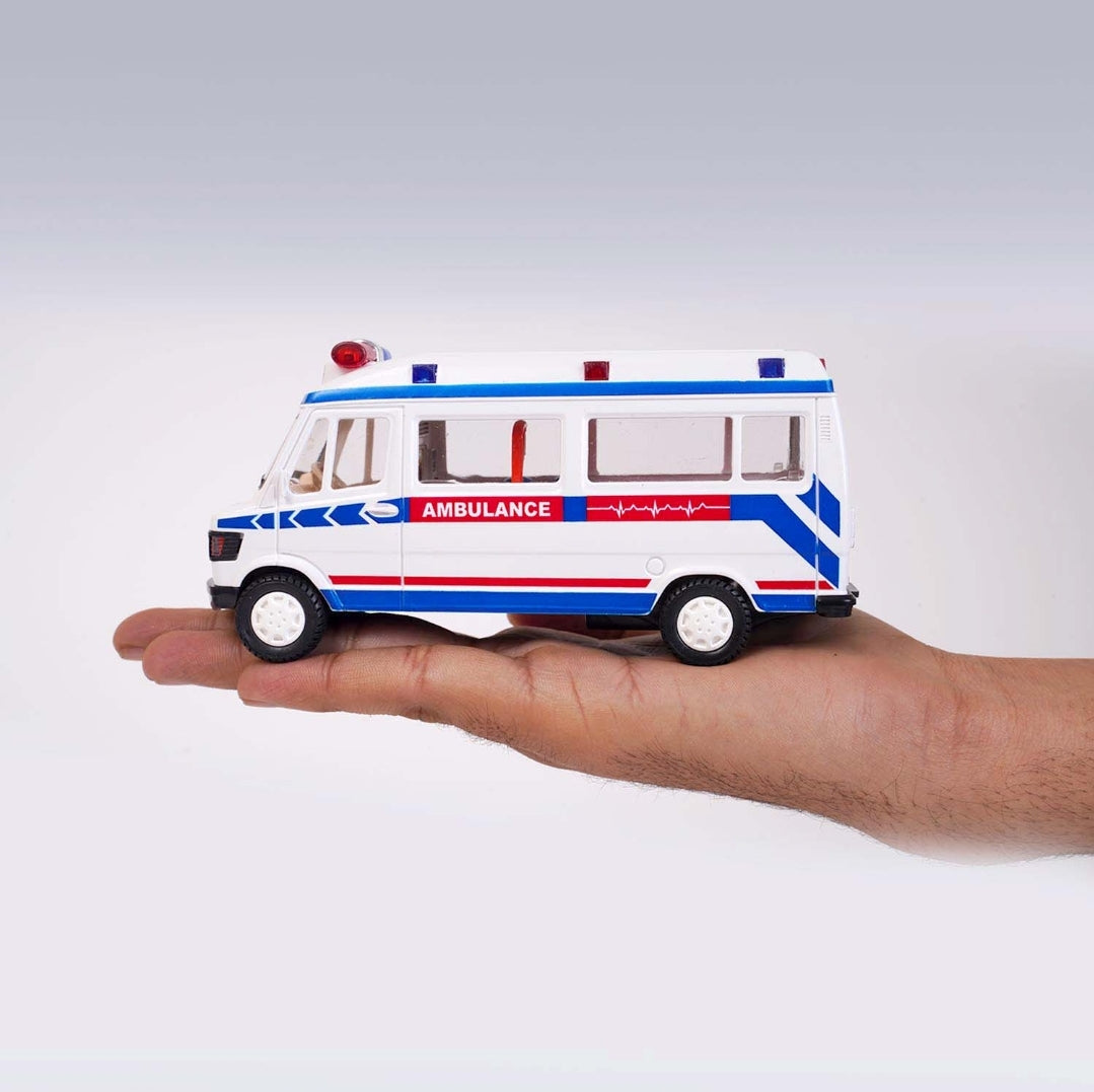 Centy Toys Ambulance White with Openable Tail gate Detachable Stretcher Saline Stand Oxygen Cylinder Pull Back Action