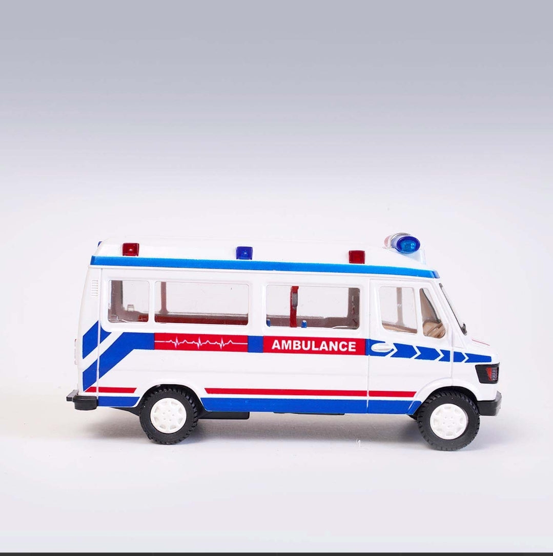 Centy Toys Ambulance White with Openable Tail gate Detachable Stretcher Saline Stand Oxygen Cylinder Pull Back Action