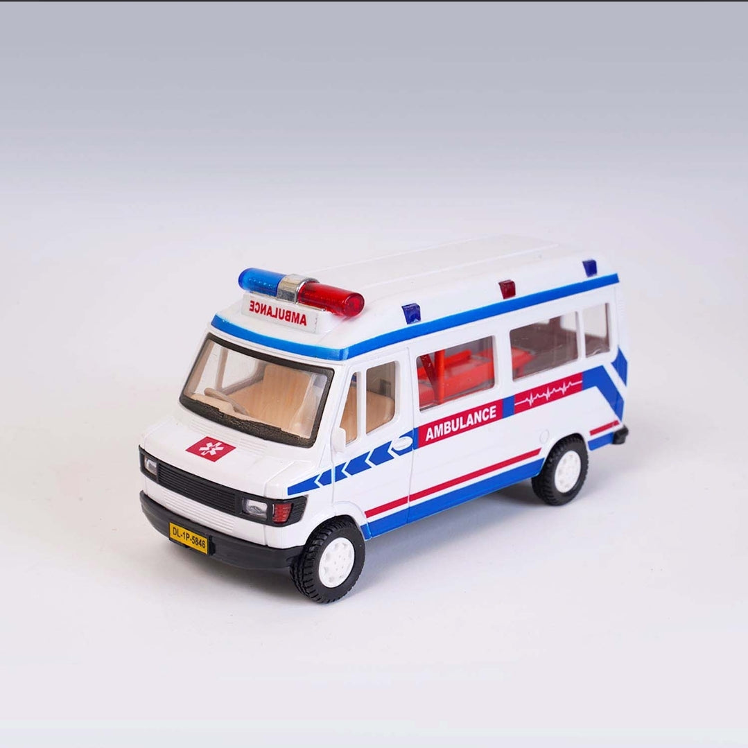 Centy Toys Ambulance White with Openable Tail gate Detachable Stretcher Saline Stand Oxygen Cylinder Pull Back Action
