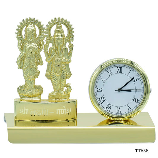Shri Laxmi Ganesha with Table Clock Showpiece for Home Decor, Office | Metal Showpiece