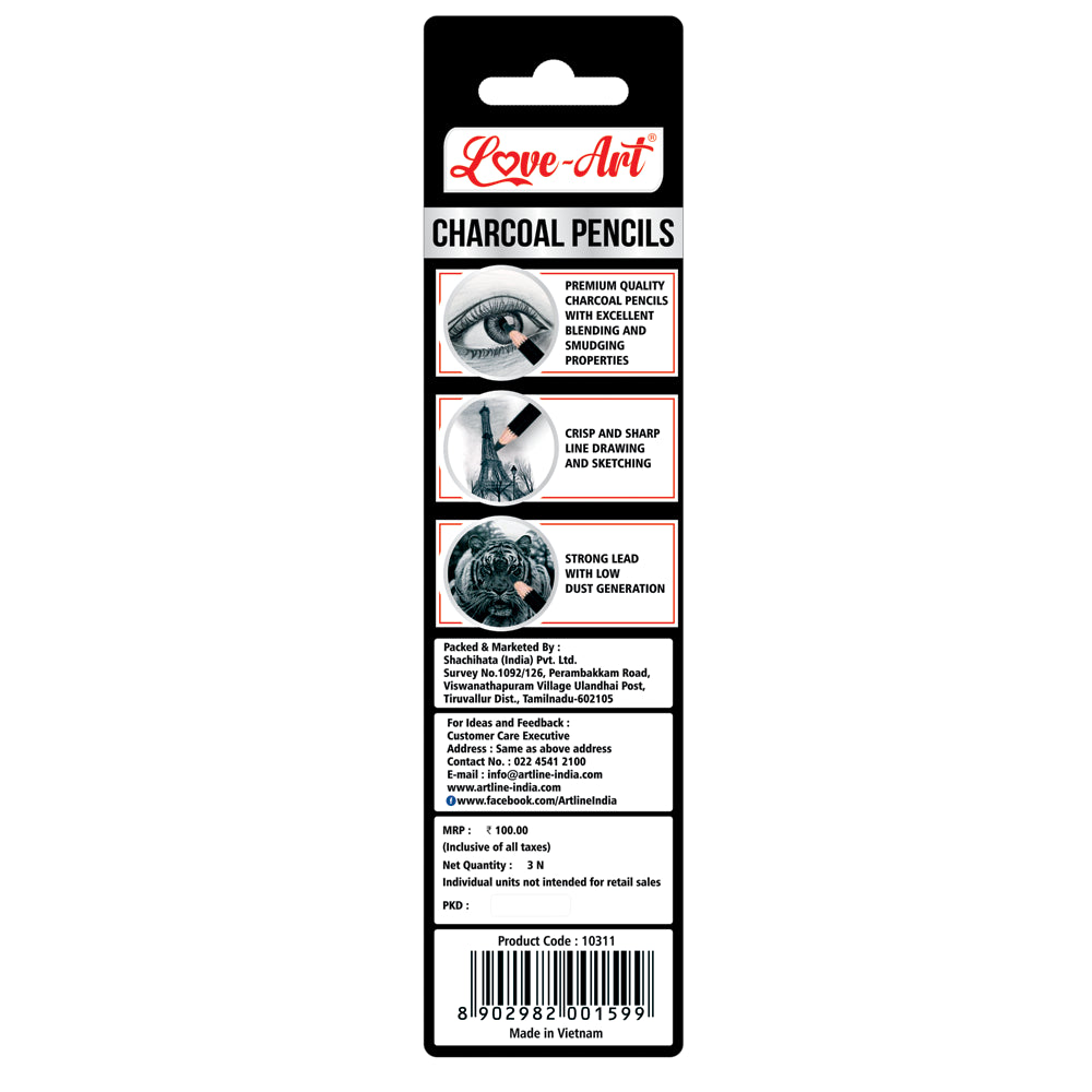 Artline Love Art Charcoal Pencils Soft Medium Hard Set Of 3