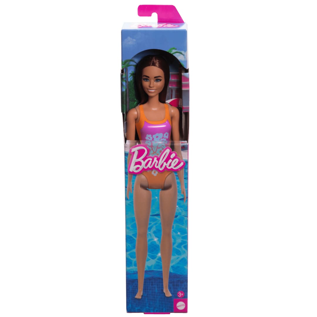Barbie Beach Barbie Doll With Light Brown Hair Wearing Tropical Pink And Orange Swimsuit