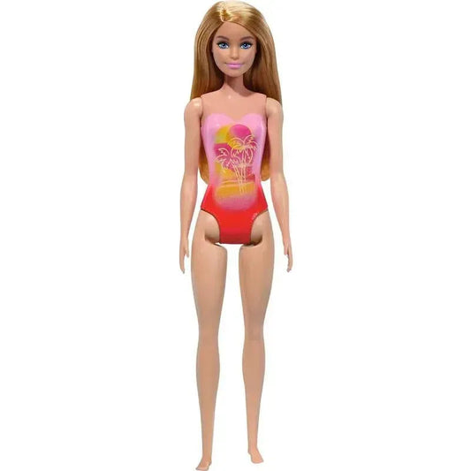 Barbie Beach Doll With Blond Hair Wearing Pink Palm Tree-Print Swimsuit