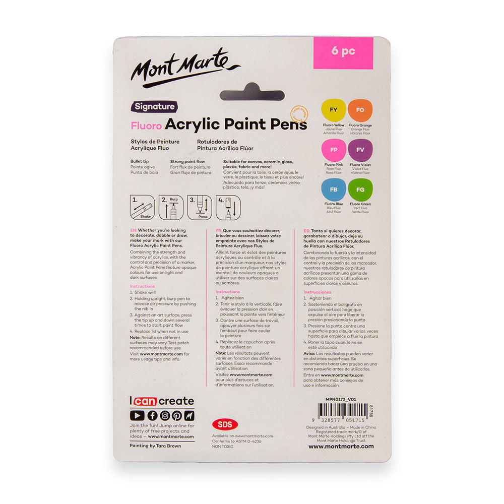 Mont Marte Fluoro Acrylic Paint Pens Signature 6pc
