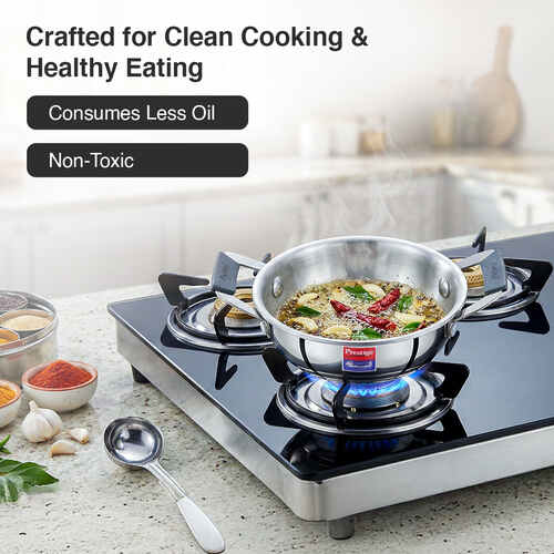 Prestige 12cm/400ml Tri-Ply Stainless Steel Cute Kadai Gas & Induction Compatible Even Heat Distribution Perma-Cool Handles Thick Gauge Life Time Warranty