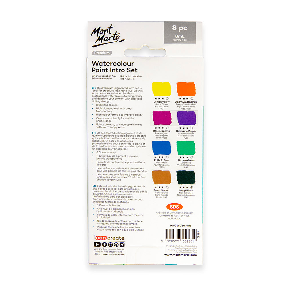 Mont Marte Watercolour Paints Premium Intro Set 8pc x 8ml