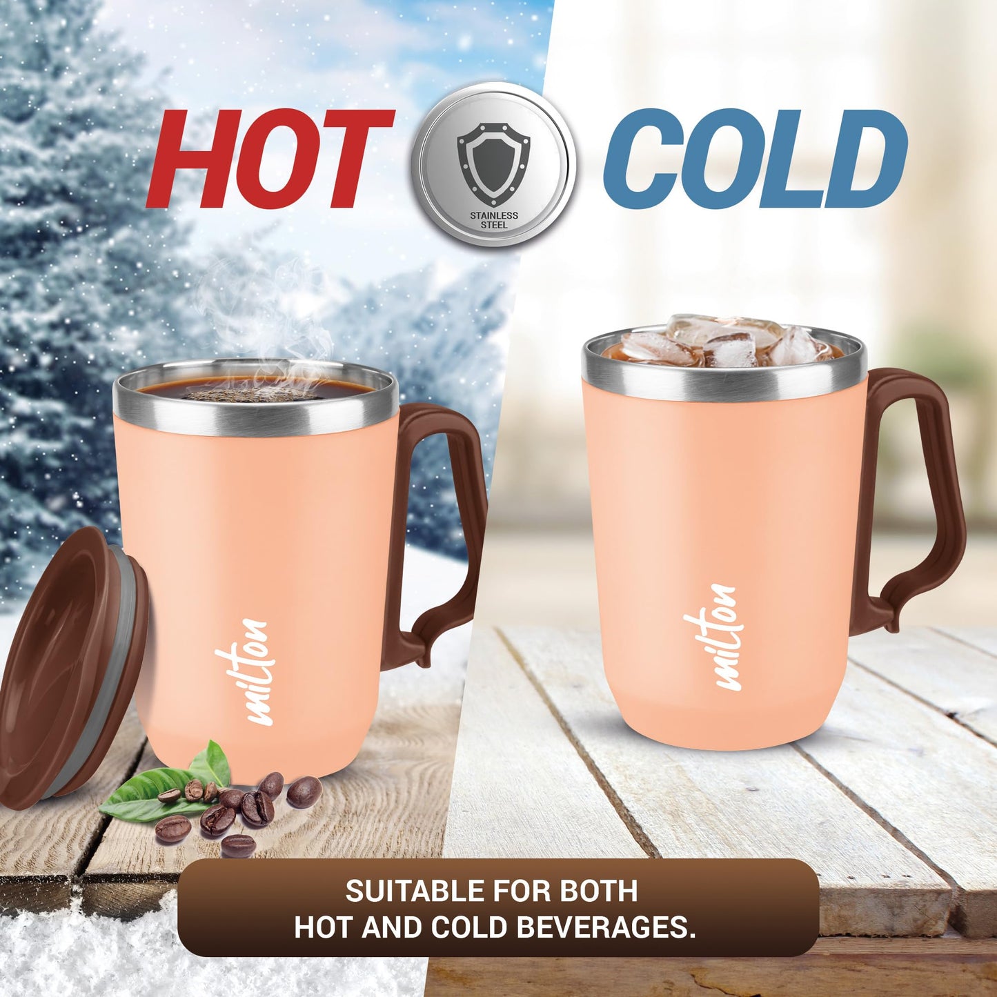 Milton Cool Touch Coastal 350 Stainless Steel Mug with Lid 300 ml Peach Wide Mouth for Easy Cleaning Sturdy Handle Hot and Cold Beverages Flap Lid Microwave Safe Light Weight BPA Free