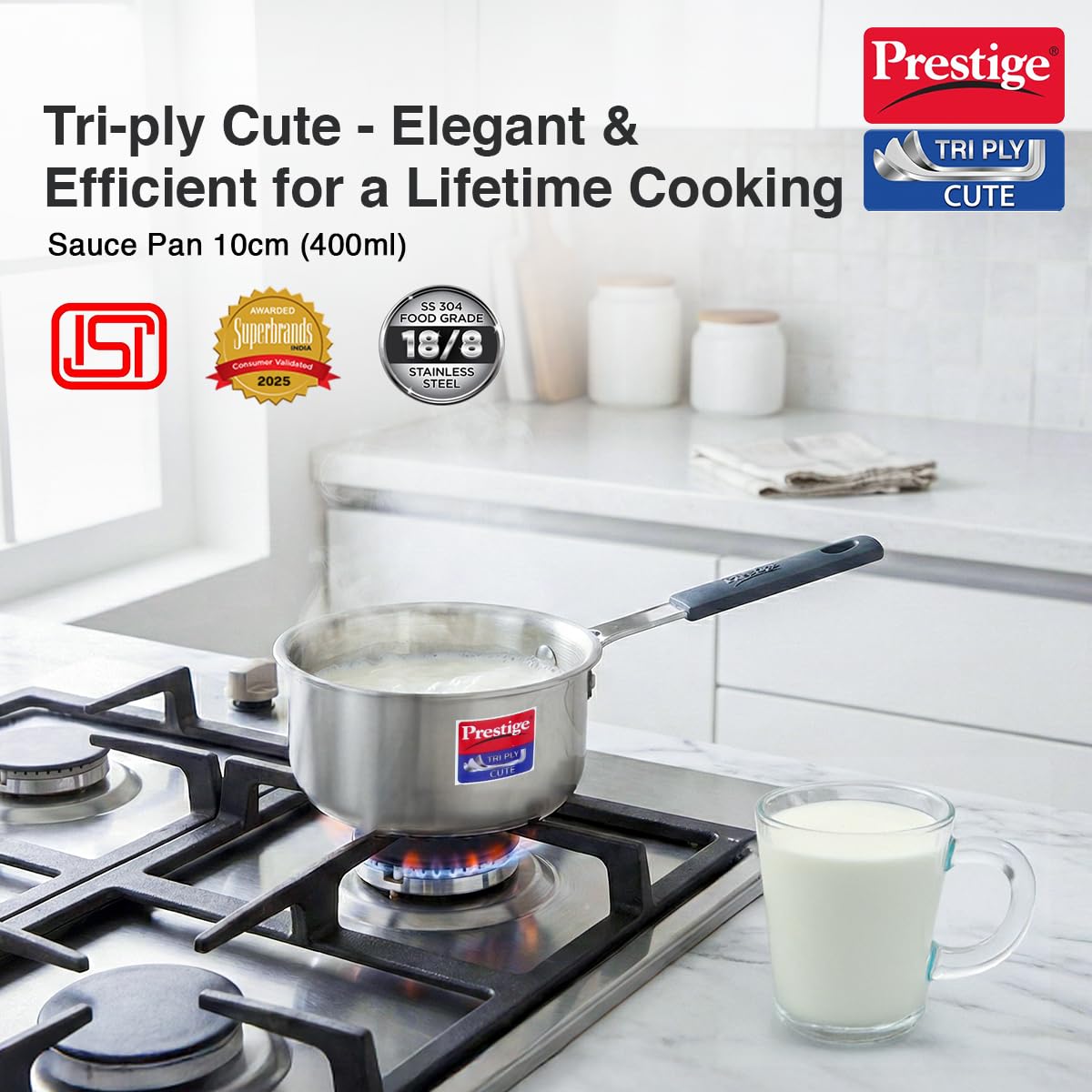 Prestige 10cm/400ml Tri-Ply Stainless Steel Cute Sauce Pan Gas & Induction Compatible Even Heat Distribution Perma-Cool Handles Thick Gauge Life Time Warranty