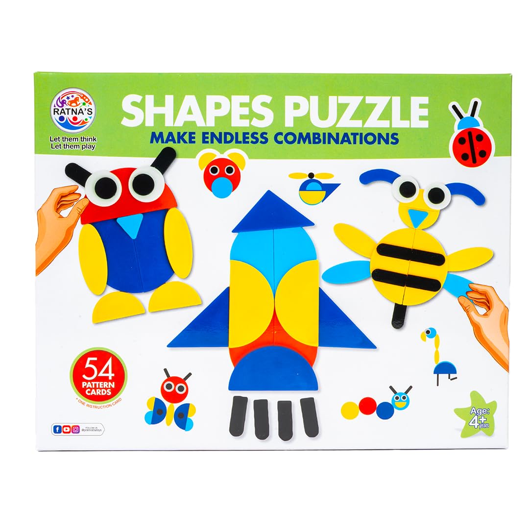 Ratna's Shapes Puzzle Educational Toy, 54 Pattern Challenge Cards, Creative Building Game for Kids 4+ Years