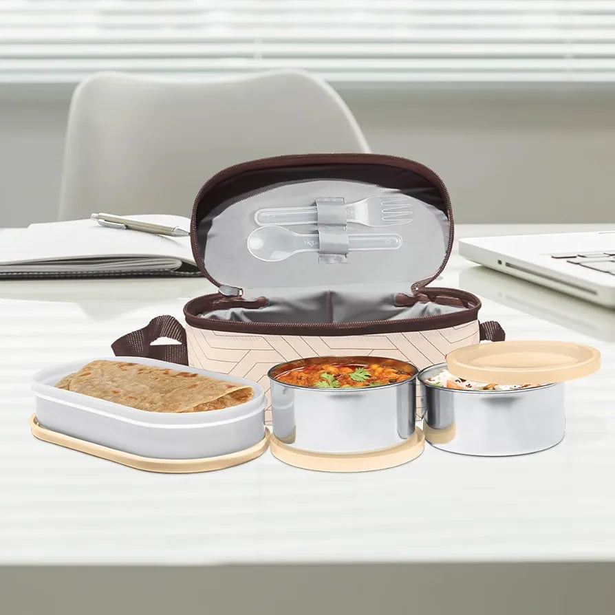 Milton Executive Lunch Box 2 Inner Steel Round Containers 280ml Each and 1 Microwave Safe Oval Plastic Container 450ml with Insulated Bag Office Tiffin Leakproof Easy to Carry - Beige